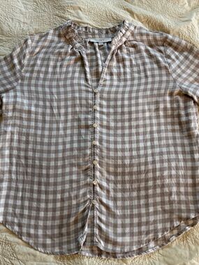 LOFT Beige and White Plaid Button-Front Blouse